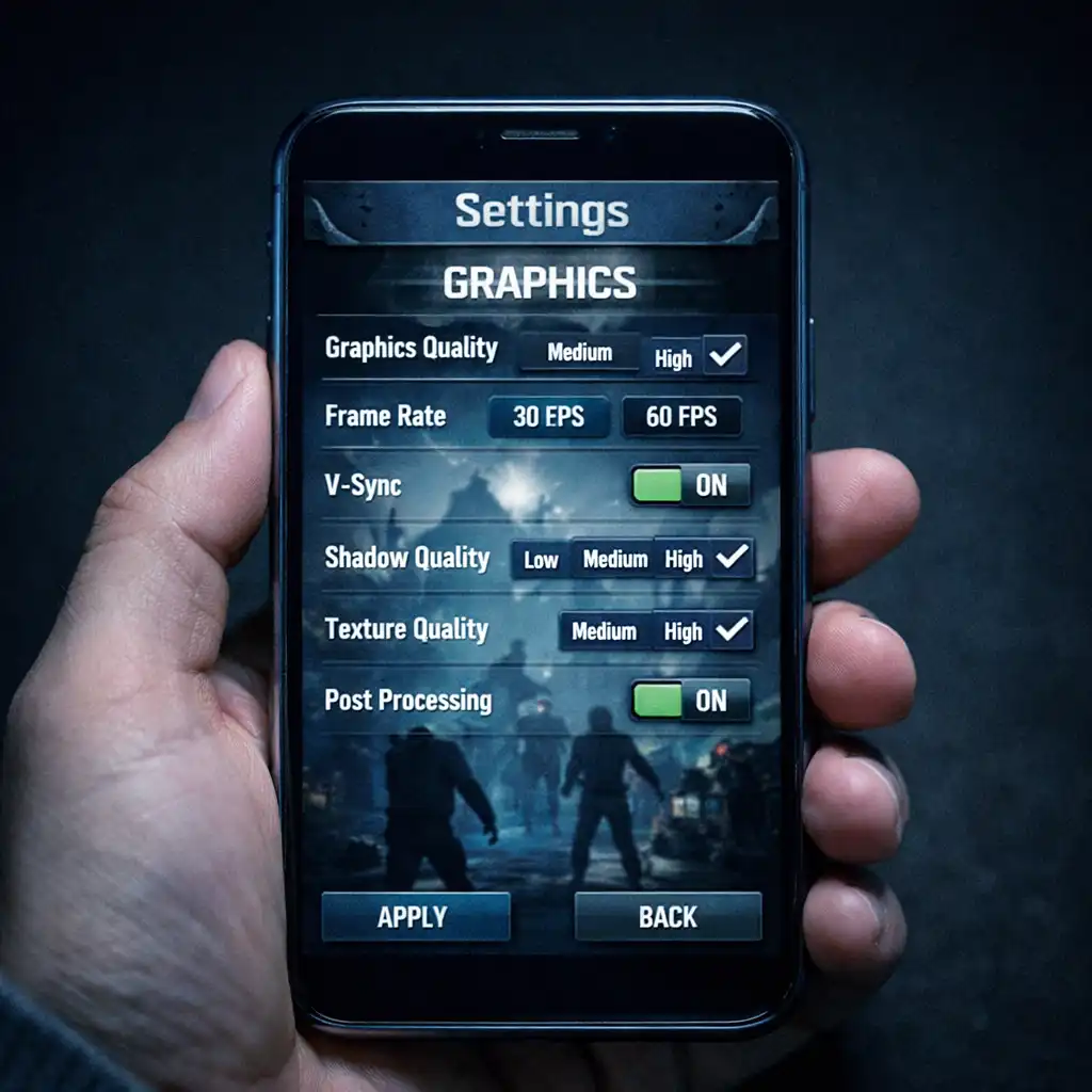 Ekran smartfona z menu ustawień gry zombie shooter, w tle rozmyty obraz z gry