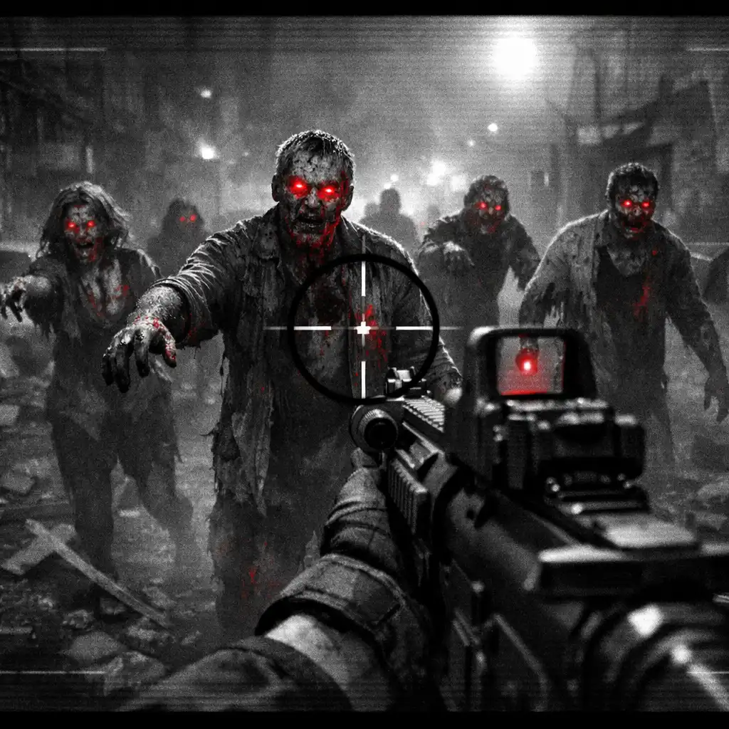 Widok z perspektywy gracza celującego z broni w grupę zbliżających się zombie na zniszczonej ulicy