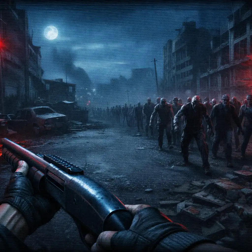Gracz w postapokaliptycznym mieście celuje ze strzelby w nadciągającą hordę zombie