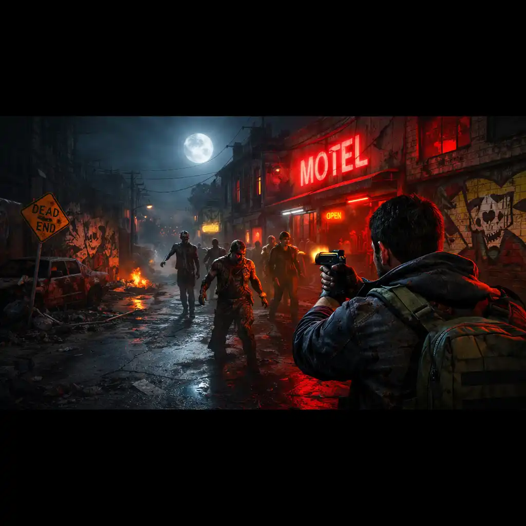Gracz celuje z pistoletu w nadciągające zombie na zniszczonej ulicy w grze zombie shooter