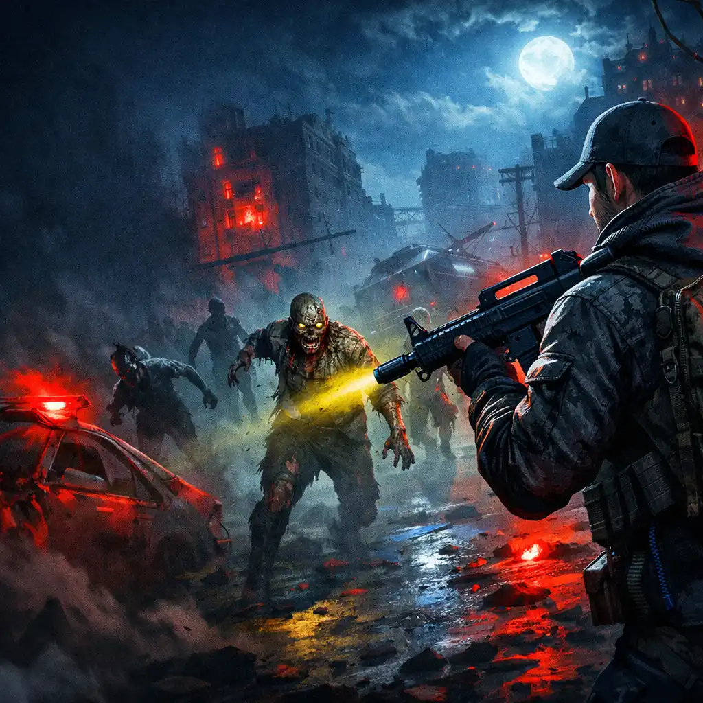 Mroczna scena z gry zombie shooter: postać gracza z karabinem w zniszczonym mieście opanowanym przez zombie