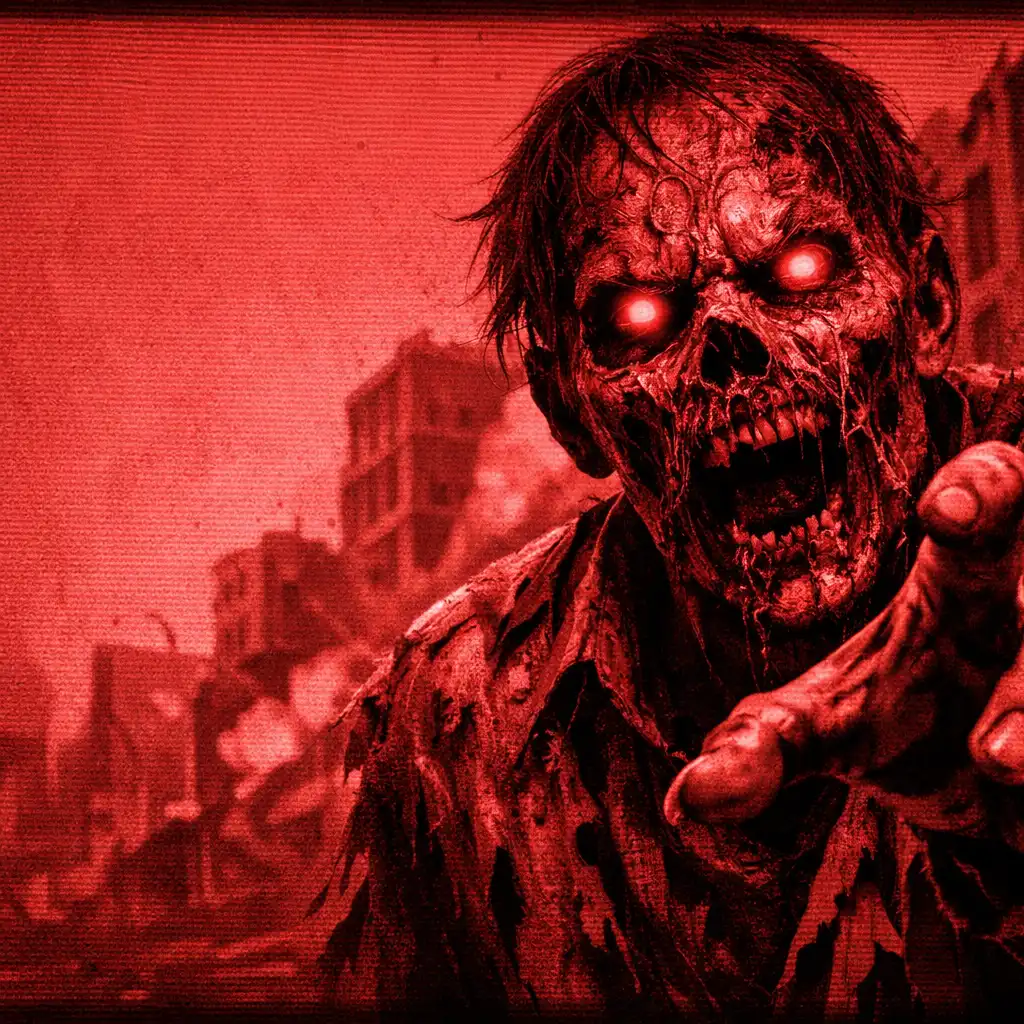 Zombie z bliska w postapokaliptycznym mieście, groźnie wyciągające ręce w stronę gracza