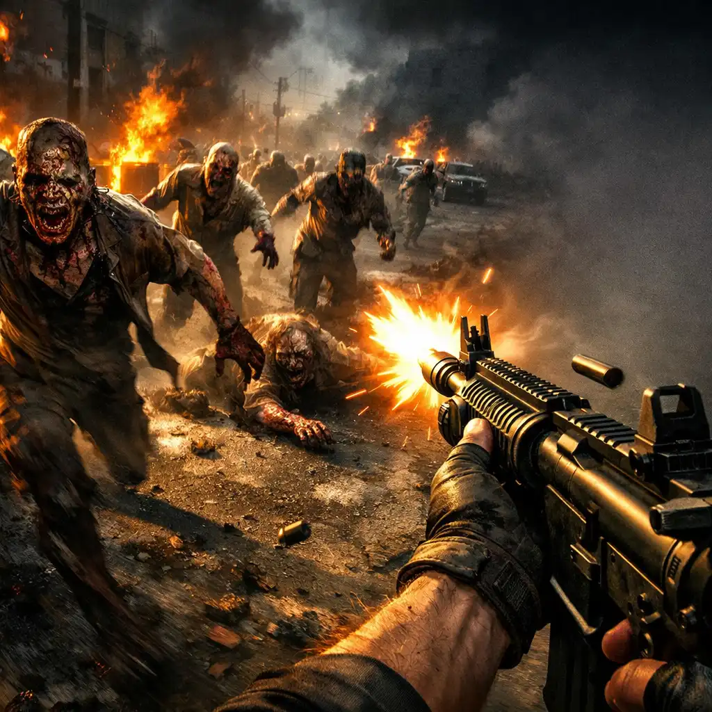 Dynamiczna scena walki z hordą zombie w grze zombie shooter