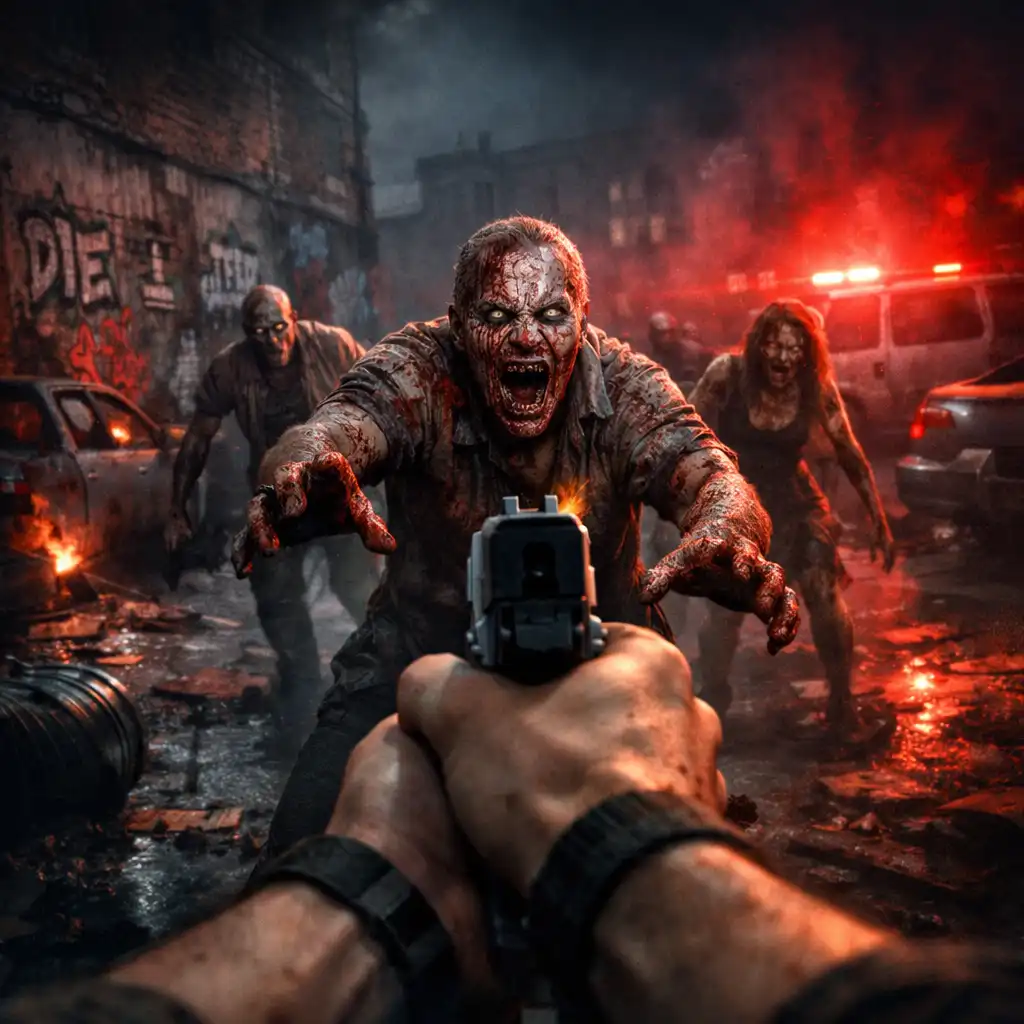 Dynamiczna scena walki z zombie w grze Zombie Gun Shooter