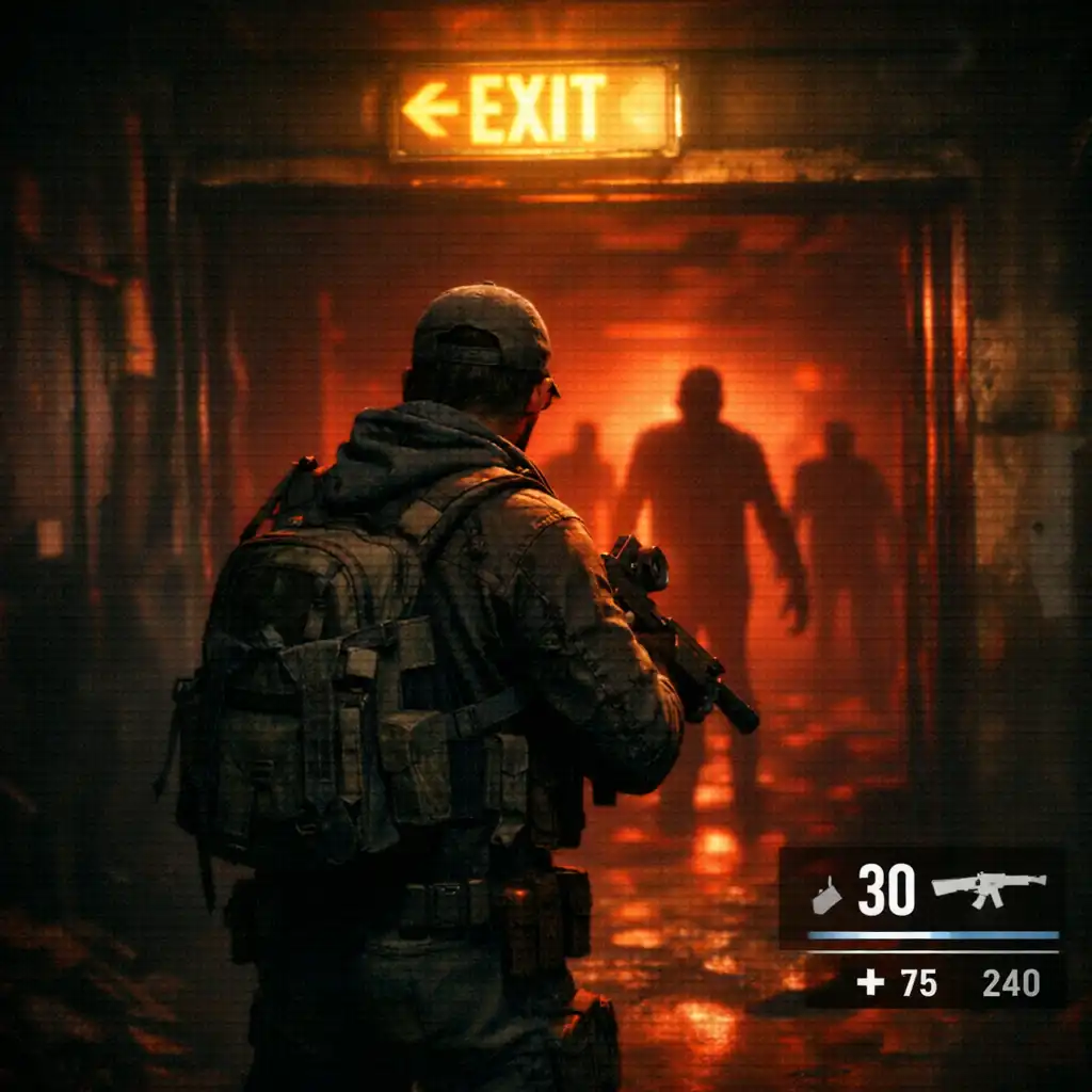 Klimatyczna scena z gry Zombie Gun Shooter przedstawiająca mroczny korytarz